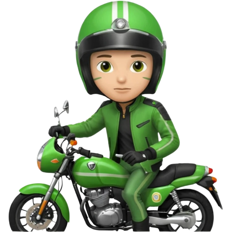 ojek online driver, using motorbike, the helmet is green. green jacket, not green motorbike (maybe a black jacket with green stripes just a little) then please make the driver not looking at "camera",  emoji