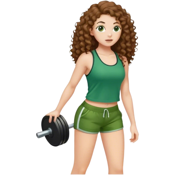 white girl with long brown curly hair in green top and shorts holding weight on her back emoji