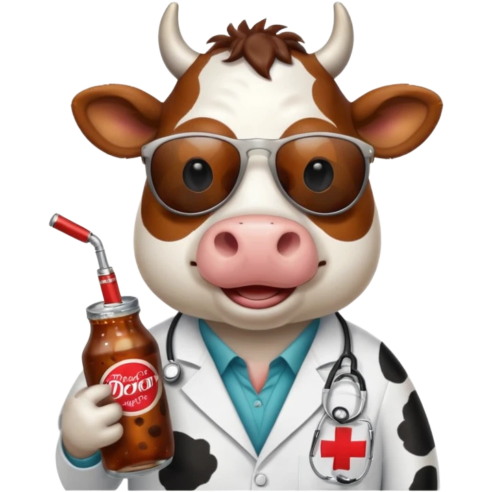 Cow wearing sunglasses holding a doctor pepper emoji