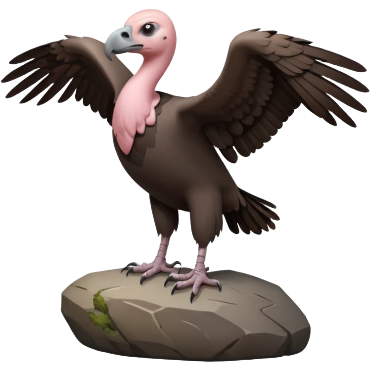 a vulture — large bird with dark brown feathers, bald pinkish head, curved beak and sharp eyes — standing proudly on a rock — wings slightly open — realistic yet cute cartoon emoji look, clean lighting, soft shadows. emoji