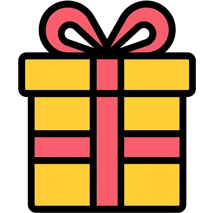 Add color to the gift icon using a yellow box with a pink ribbon, preserving the minimal, outlined icon look. emoji