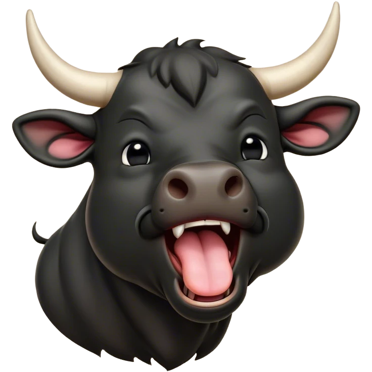 Cinematic Cute Yawning Black Bull Portrait Emoji, Head tilted slightly with a dramatic, wide-open yawn, showcasing a smooth, pure black hide with a subtle texture, floppy ears slightly drooping, round dark eyes barely open in drowsy contentment, Simplified yet irresistibly adorable features, highly detailed, glowing with a soft, cozy glow, high shine, relaxed yet expressive, stylized with a touch of rugged whimsy, bright and endearing, soft glowing outline, capturing the essence of a sleepy yet affectionate guardian, so drowsy it feels like it could charge right out of the screen and curl up for a nap! emoji