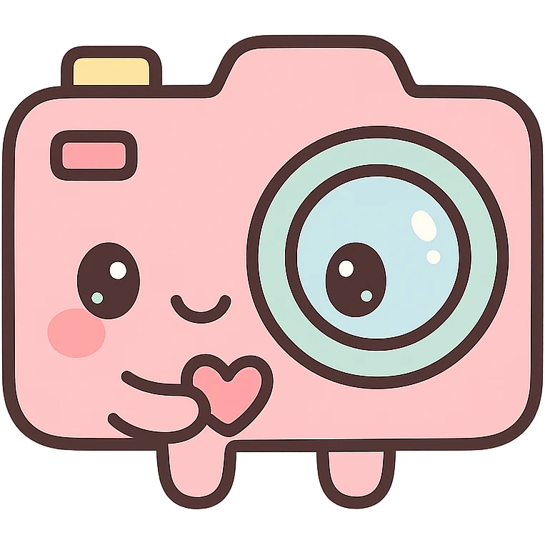 a camera kawaii style smiling holding a tiny heart emoji