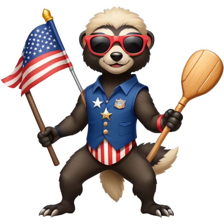 friendly anthropomorphised honey badger in USA Independence Day outfit, wearing sunglasses, carrying a club, dynamic pose emoji