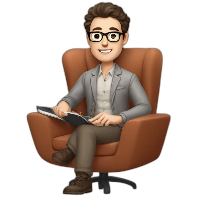 Pale skinned Fit Man With dark brown hair in gray jacket, beige office shirt, Terracotta pants and vintage glasses sitting In a soft chair with a notebook with emblem Ψ and a pen in his hands emoji