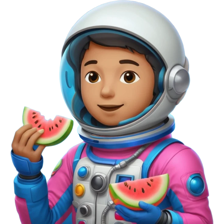 Neon pink and blue spaceman eating melon emoji