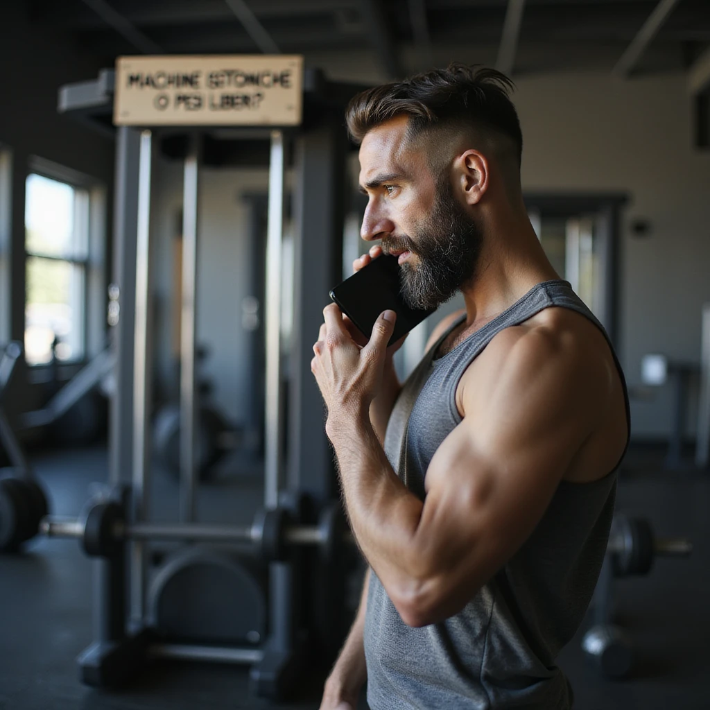 adult man in gym consulting phone in front of isotonic machine and free weights rack, indecisive expression, wearing sportswear, atmosphere of doubt, realistic details, sign with 'Macchine isotoniche o pesi liberi?' written, 4K quality emoji