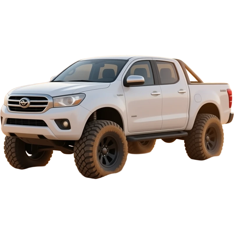 Create a realistic 3D render of a white micro-pickup truck (dabbab) modified for the desert. It should have oversized off-road tires, sand-covered wheels, and a slight lift kit. Set it against a vast desert dune landscape at sunset emoji