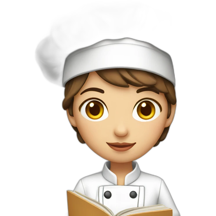 Ecuadorian cute female chef holding a cook book with short brown hair and light brown eyes emoji