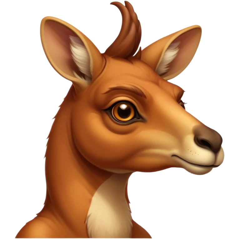 Cinematic Noble Adult Red Kangaroo Portrait Emoji, Poised and regal, with a robust, muscular build, tawny reddish fur, and a distinctive camel-shaped head featuring a slightly elongated snout, prominent ears, and keen, observant eyes, Simplified yet sharp and sophisticated features, highly detailed, glowing with a warm, sunlit glow, high shine, intelligent and commanding, stylized with an air of outback authority, focused and vigilant, soft glowing outline, capturing the essence of a watchful guardian that seems ready to bound out of the screen with effortless power! emoji