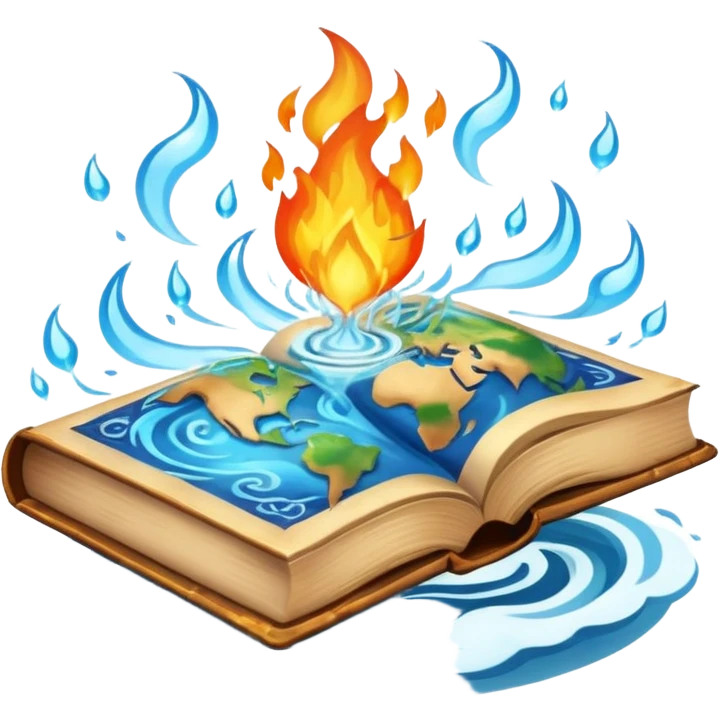 ancient book with elemental motifs, floating, with fire, water, earth, and air swirling around emoji