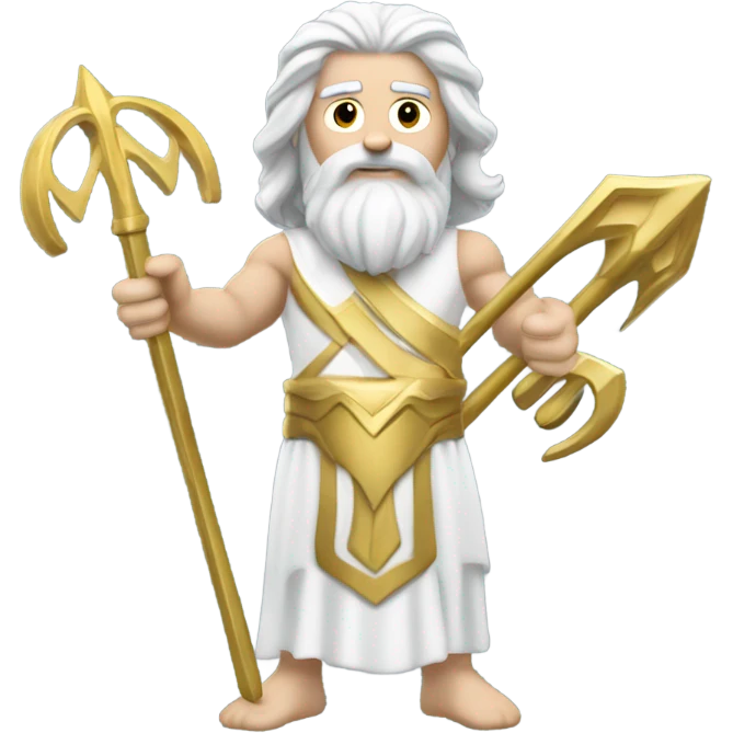 white man Poseidon with gold Trident. long white hair white dress.  with tools emoji