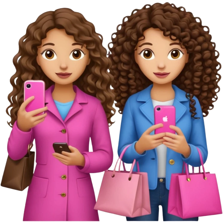 2 girls going to shopping with a pink iPhone they are brunettes one with curly long hair and the another with VERY LONG hair brunette and they are pretty emoji