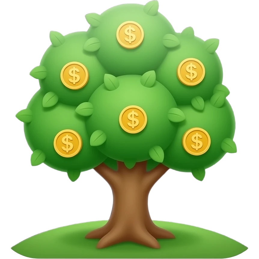 Apple-style money tree, round soft green canopy. No pot, no ground — only the tree. Small gold coins as fruits inside the leaves (not below). Flat 2D vector, clean shapes, no gradients. Dark near-black background, premium fintech icon. emoji