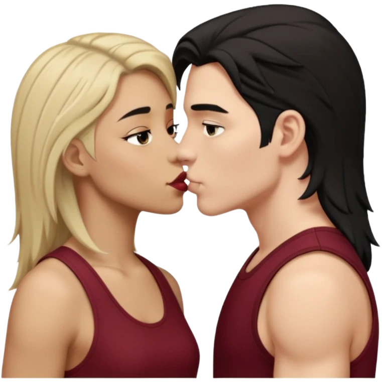 a white masculine woman with short mullet tomboy black hair wearing men's black tank top kissing a lightskin woman with long dark blonde hair wearing maroon tank top emoji