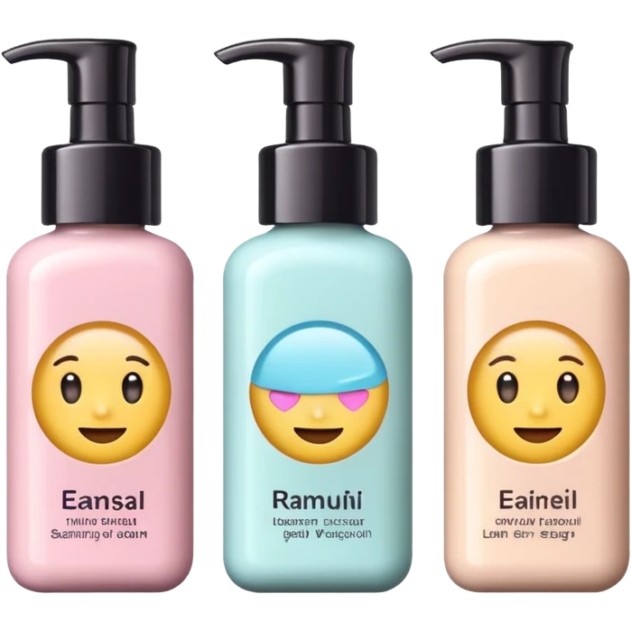 emoji of three different beauty products, with labels, minimalistic but luxury design (realistic), pastel colors emoji