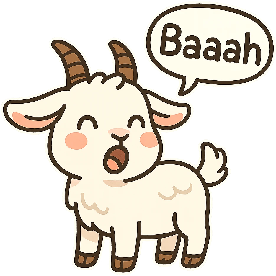 cute cartoon sticker style goat with mouth open, 'baaah' in a speech bubble, simple background emoji