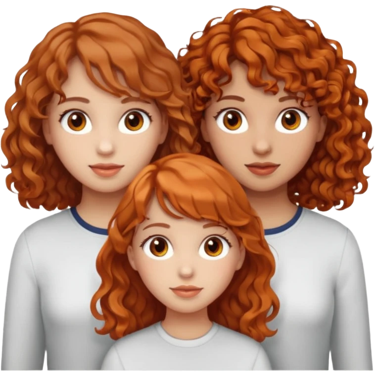 three girls side by side, left girl light skin curly brown hair brown eyes, center girl light skin wavy orange hair light brown eyes, right girl light skin light brown hair with bangs brown eyes emoji