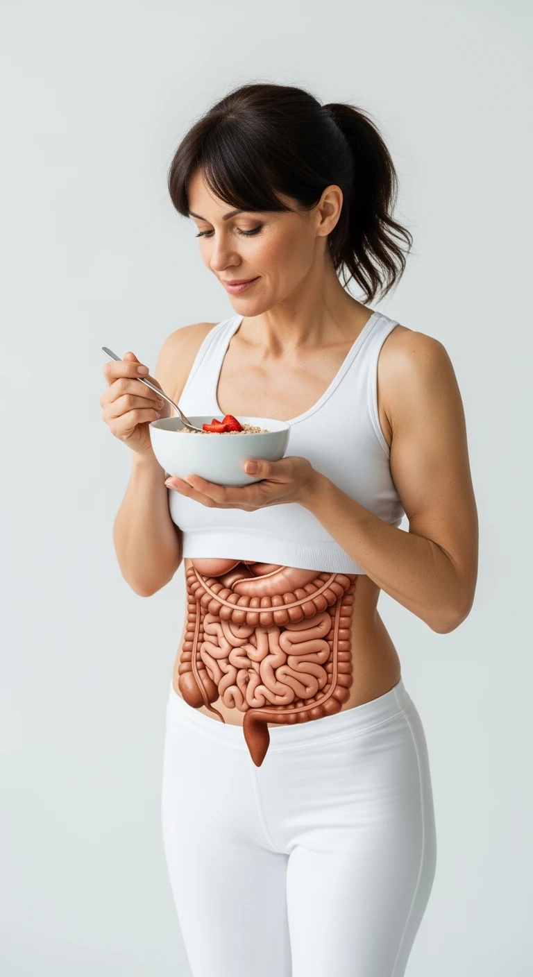 donna con bowl di avena in mano e intestino in evidenza, isolata su sfondo bianco emoji