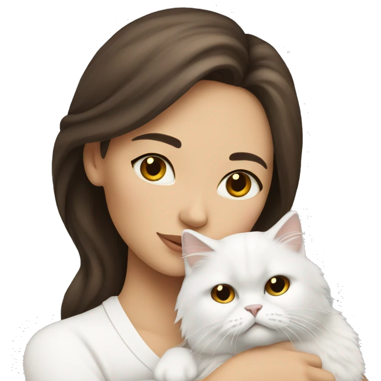Brunette woman snuggling white Persian cat emoji