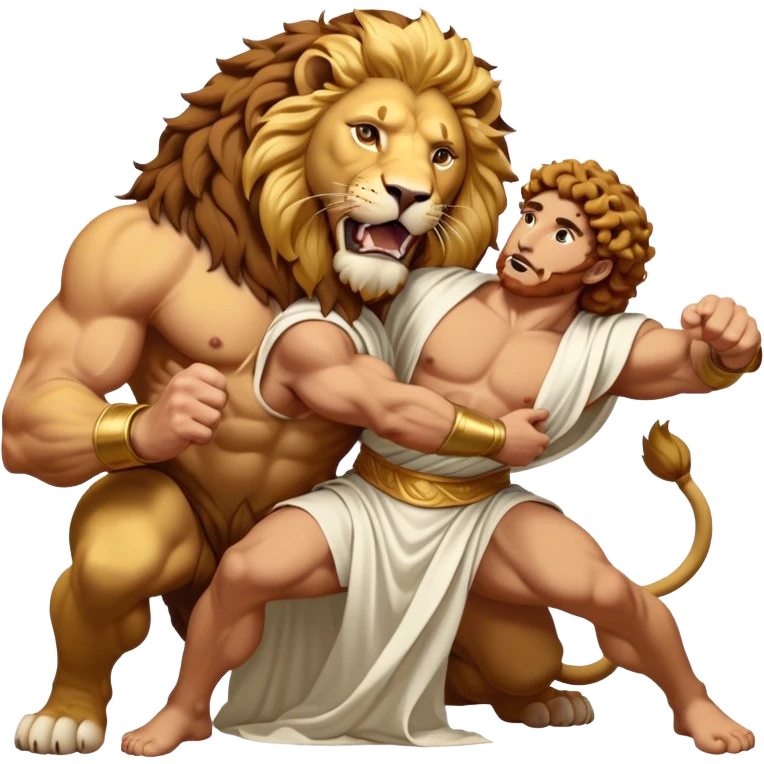 Cinematic Realistic Hercules Portrait, captured in a dramatic lion-wrestling pose that epitomizes raw, heroic strength. His light tan, athletic skin and thick, curly, golden brown hair are showcased as he grapples with a majestic lion, his refined face reminiscent of Michelangelo's David marked by noble determination. Draped in a flowing white robe with understated golden accents and crowned with a classic Greek laurel wreath, dynamic natural lighting accentuates every muscular contour and fierce, commanding expression, embodying the essence of ancient valor. emoji