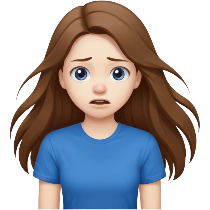 Cute girl with pale skin long brown hair and blue t shirt who is chocked emoji