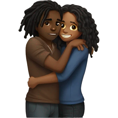 Brown girl with wavy hair hugging black boy who has dreads  emoji