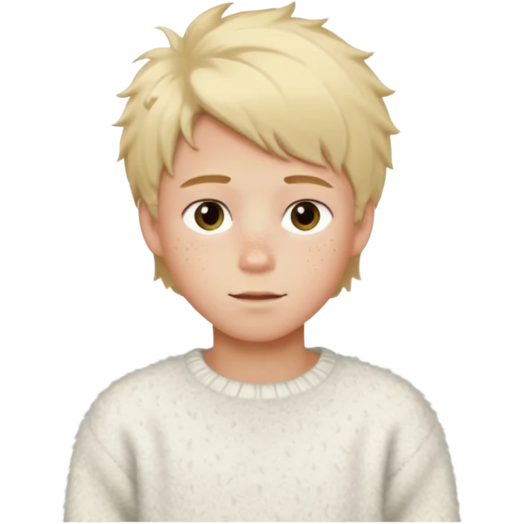 create-a-look-for-a-blond-boy-with-long-tousled-hair-light-eyes-a-white-sweat + fluffy white sweater + styled hair blonde with hair to the side cute + cute face with freckles  medium hair fluffy to the side no long hair emoji