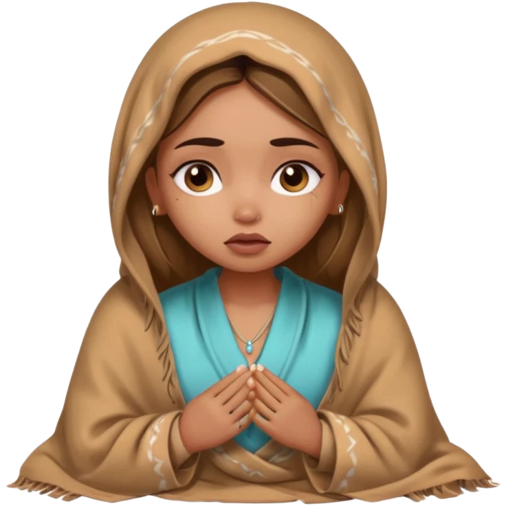 a pretty bratz fair indian girl wearing a brown pajamas and blnaket, dark circles, crying emoji