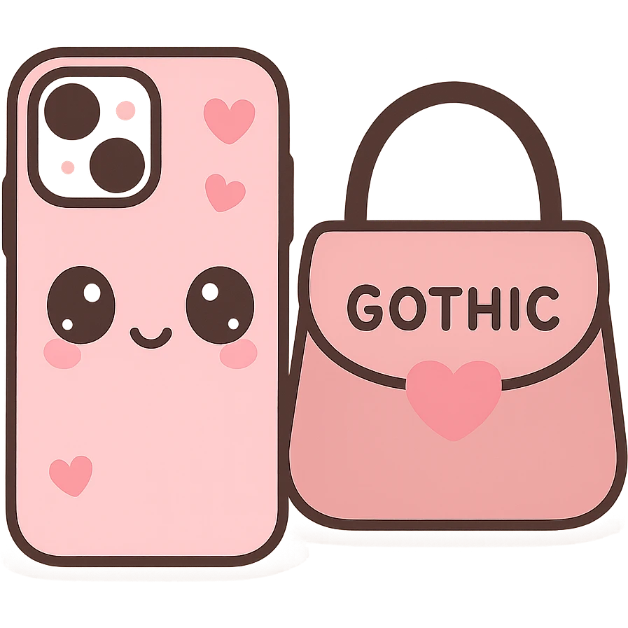 pink and black gothic phone case, kawaii style, big eyes, heart accents, smiling, playful, matches gothic purse emoji