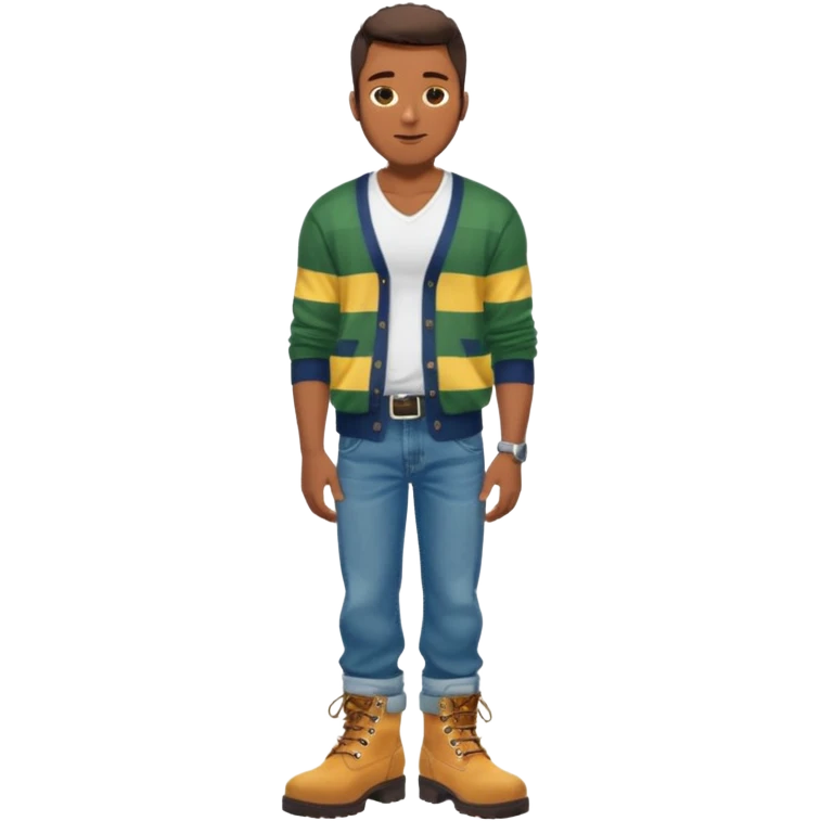 Handsome Black guy with brown skin tone, with lean muscular build, wearing baggy blue jeans, a white v-neck t-shirt, a yellow and green striped cardigan sweater, and timberland boots  emoji