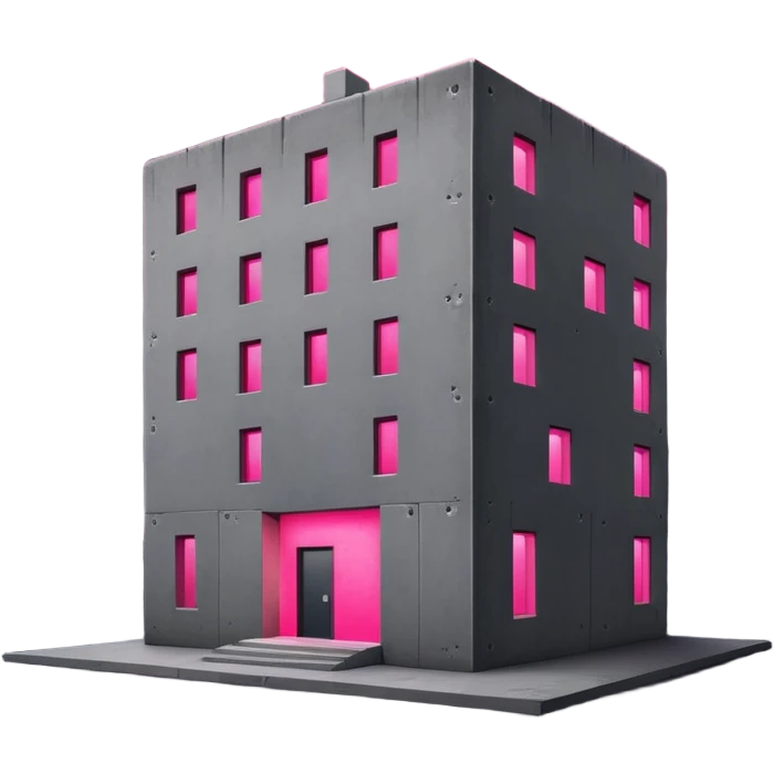 Night view of minimalist gray concrete Russian building, shadowy rectangular structure with one bright pink glowing window, stars in sky emoji