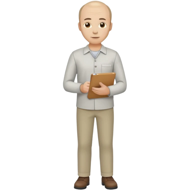 man, mid 30's shirt and trousers balding hairline, full body, standing, holding a clipboard emoji