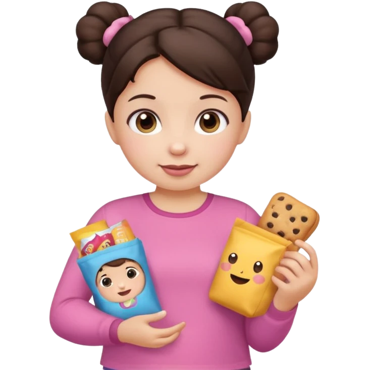 Cute small Toddler emoji with two buns dark brown hair, fair skin, in pink top, holding toddler snacks emoji