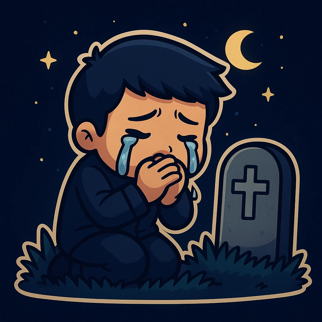 Make the scene night time with a man crying over a grave in the style of cartoonish stickers. Highlight the night mood and sadness, keeping the sticker style. emoji