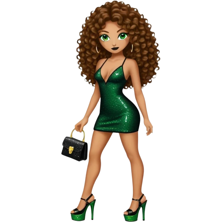 Half naked green eyes brown long curly hair woman, gang drug lord mafia boss style with 7 inch platform stripper high heels black glitter dress emoji
