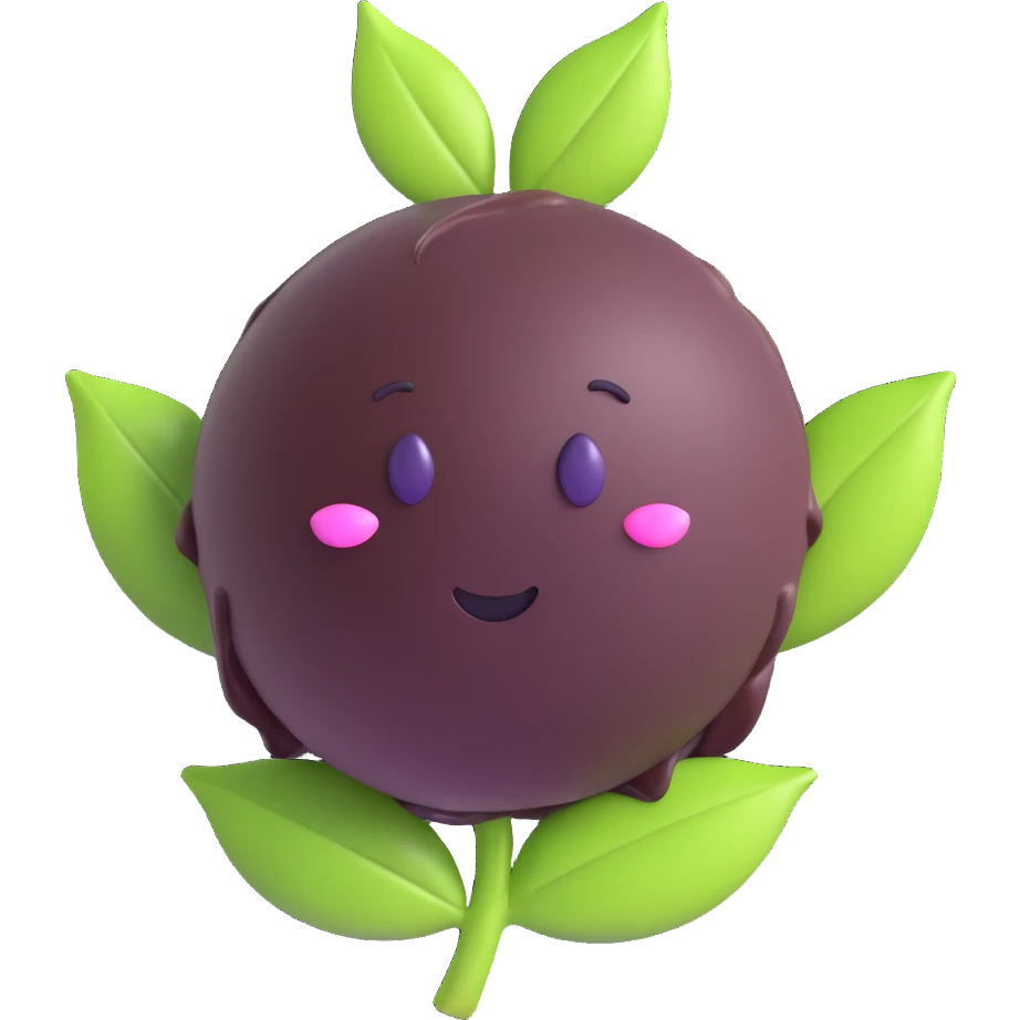 açaí berry bonbon in realistic emoji style, deep purple shiny berry, bottom half dipped in dark chocolate, small realistic green leaf on top, no face, clean glossy modern emoji look with lifelike details emoji