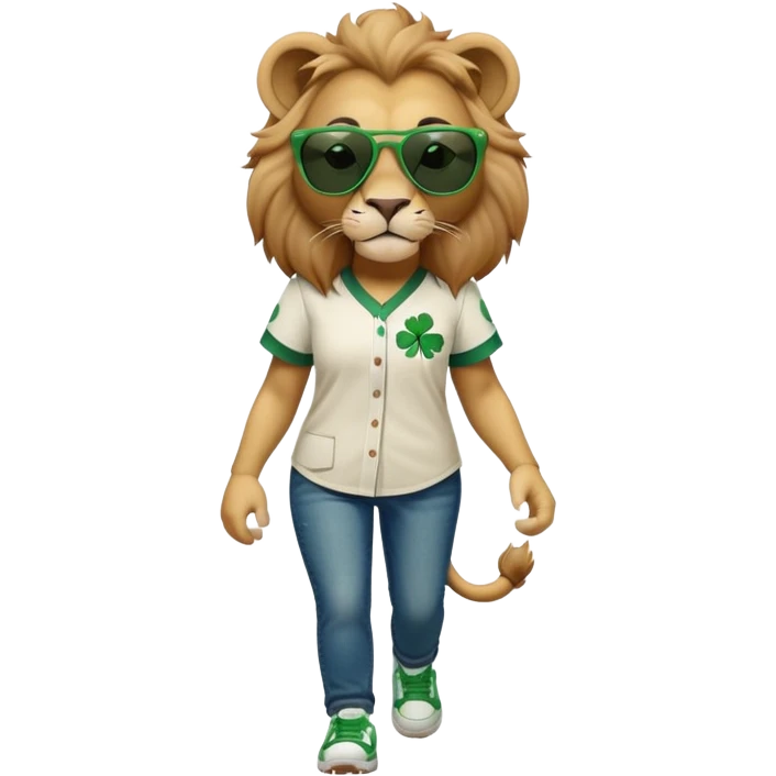 confident anthropomorphised female lion wearing baseball shirt and jeans with shamrock and green accents, dark sunglasses, walking upright, looking self-assured emoji