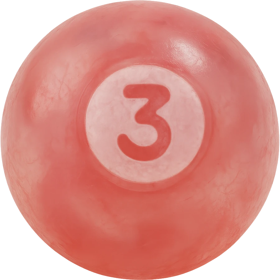 pool billiards 3-ball, retro 90's toy style, very transparent, slightly see-through, red with white circle and number 3, soft plastic texture, soft reflections, soft and squishy, some cloudiness, not shiny, highly detailed, appealing, no tag, no background emoji