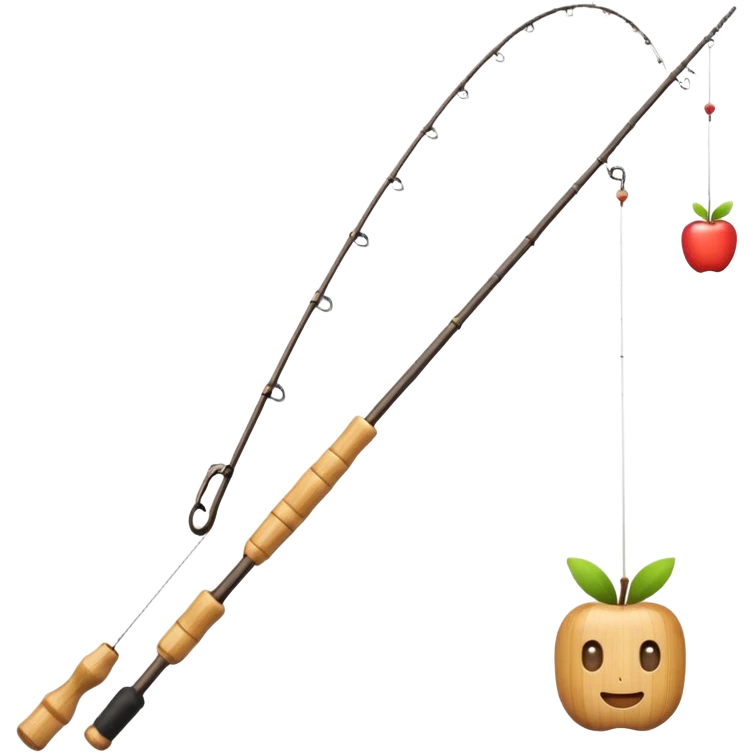 Genmoji-style bamboo fishing rod emoji, simple beginner rod, smooth rounded Apple-style shapes, soft gradients, small reel, exactly one fishing line hanging from the tip, 3/4 angle, clean silhouette, no hook, no text, transparent background emoji