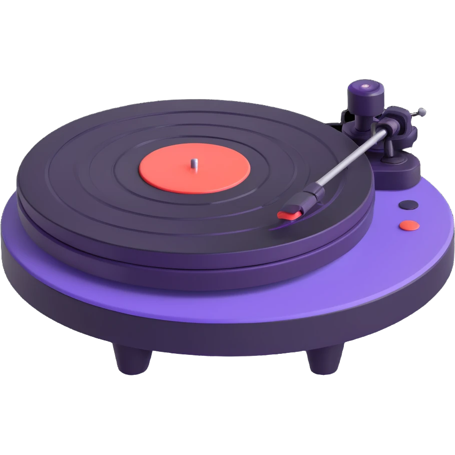 Make the Technics-style turntable look more vintage with playful rounded features in a Disney Pixar 3D style. Use black and purple as the main colors, avoid neon colors entirely, and keep the look vintage and playful without neon. emoji