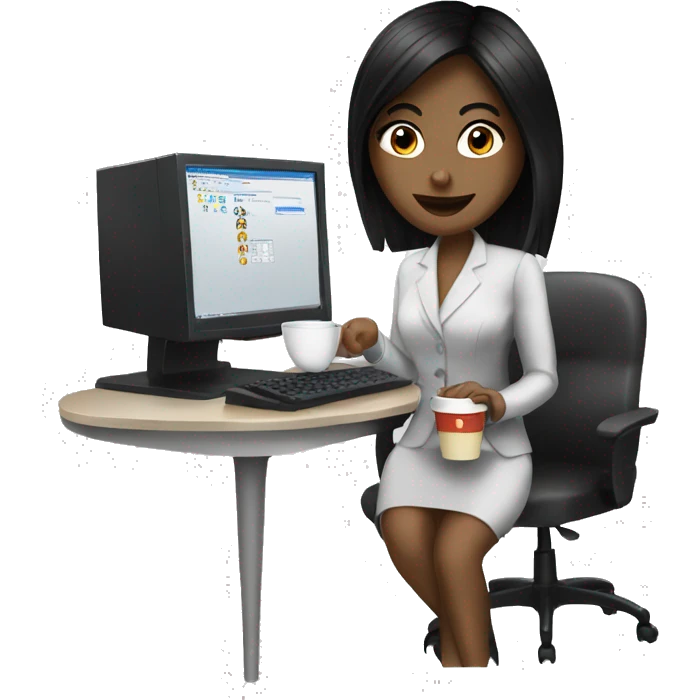 Secretary black hair computer and drinking coffee emoji