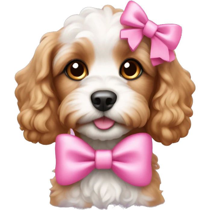 Cavapoo puppy with pink bows on ears emoji