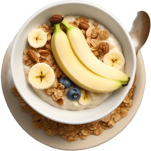 porridge bowl with granola and banana and nutcream on top emoji