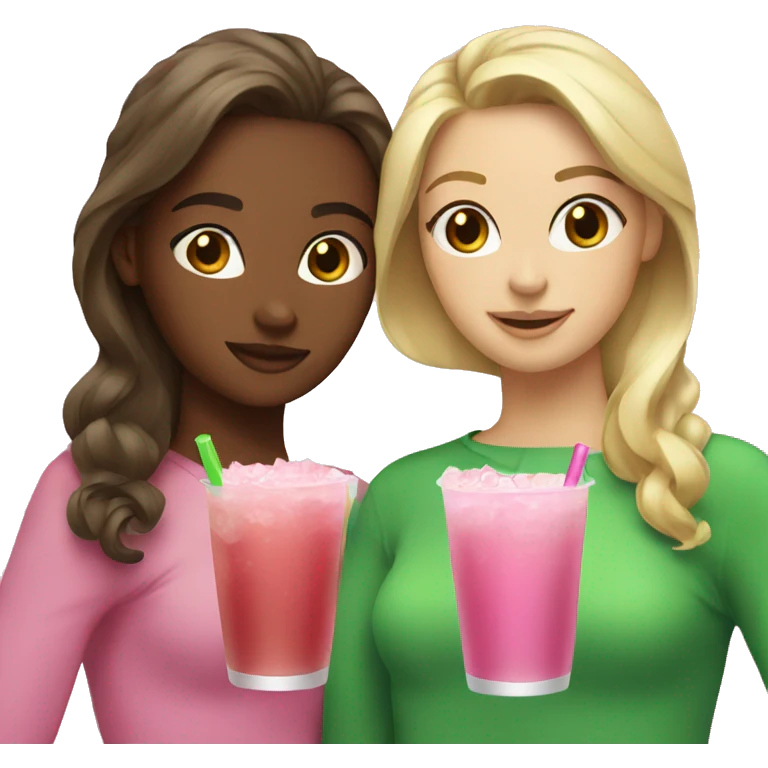 Brown haired girl and blonde haired girl holding pink and green drinks emoji