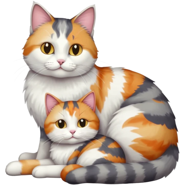 full body colourful light patched calico + white tabby cat cuddling a large grey and white cat  emoji