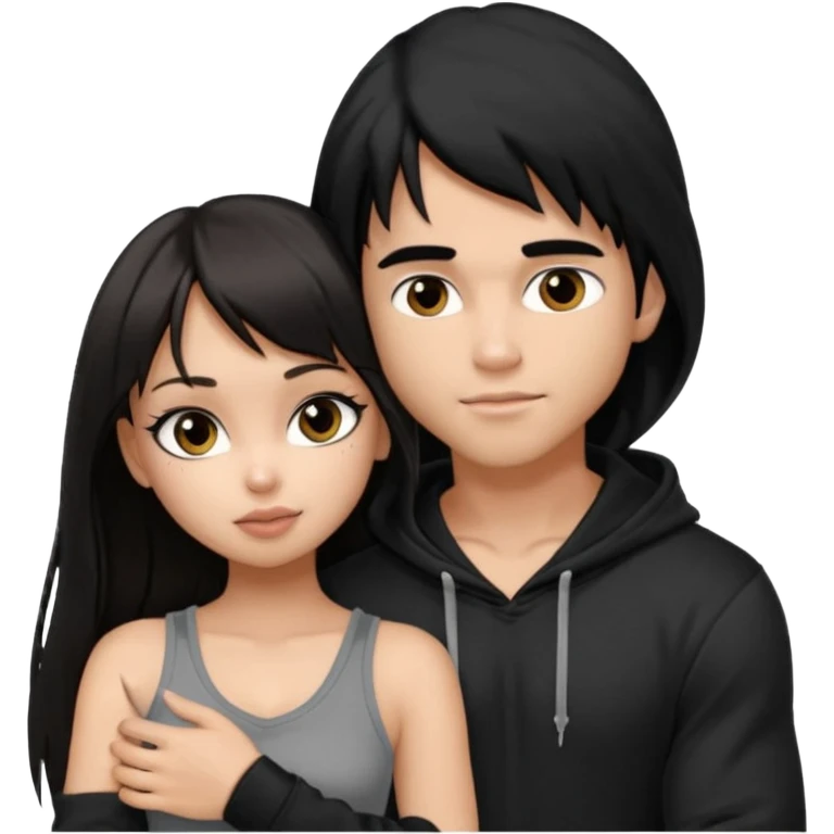 generate a pretty bratz girl in black cami top, dark brown straight long hair with bangs, eyeliner on, 

hugging a handsome muscular boy with black hair and a grey hoodie emoji