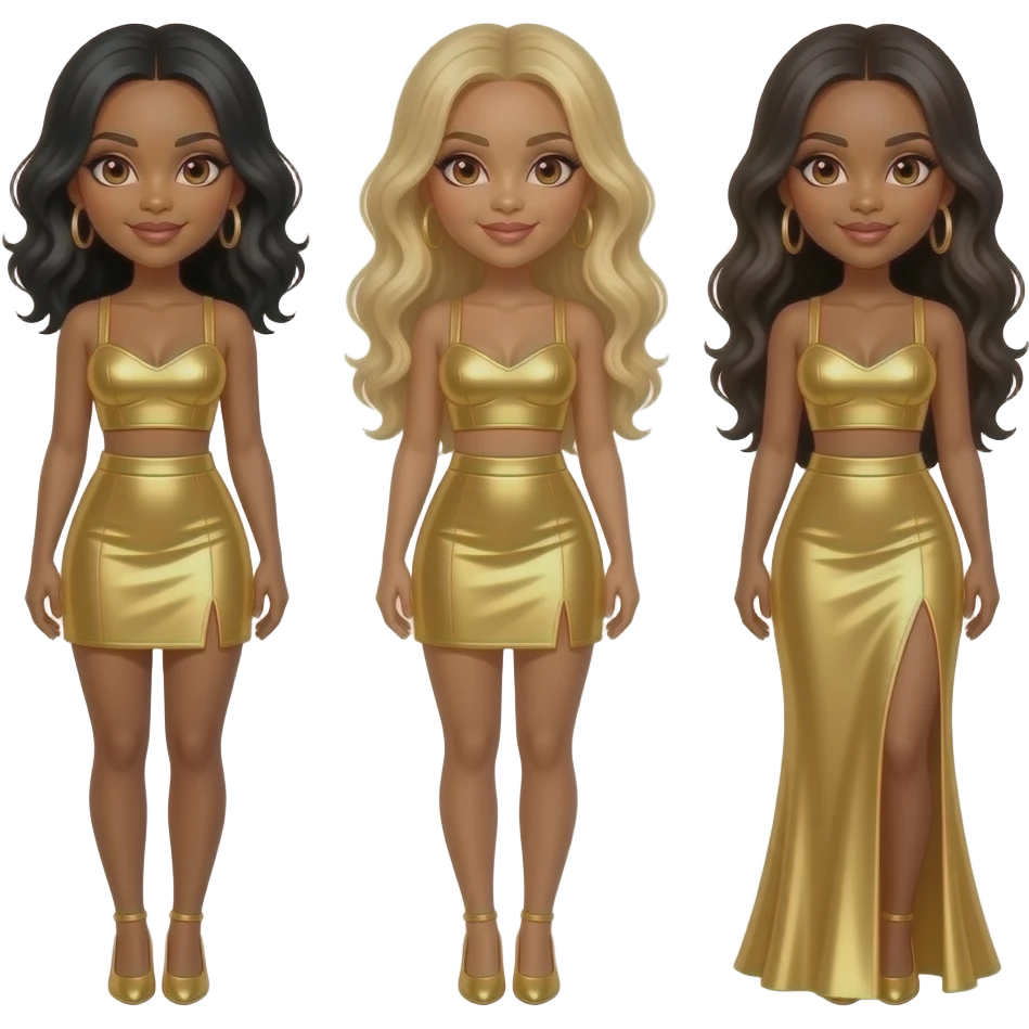Destiny's Child with Kelly with brown eyes, black hair, gold metallic crop top and skirt, Beyonce with hazel eyes, long blonde hair, gold metallic crop top and skirt, Michelle with brown eyes, long black hair, gold metallic crop top and long skirt emoji