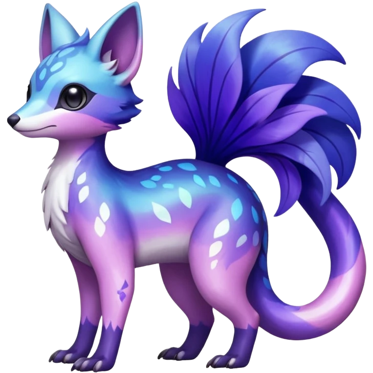  Shiny iridescent glossy oily smooth silky soft White with indigo-Violet-purple-pinkish-gradient markings beautiful handsome gorgeous aesthetic colorful vibrant Vernid-Trico-species-Fakemon-creature by LiLaiRa, 4 legs, 1 tail, random markings, (full body) emoji
