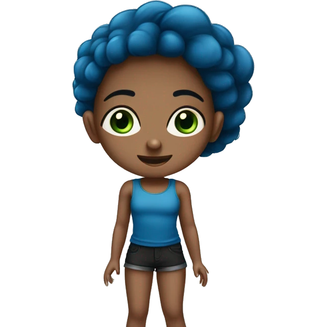Niña con pelo marrón ojo verde con azules ropa una camiseta Top negro, unos pantalones Short azules emoji